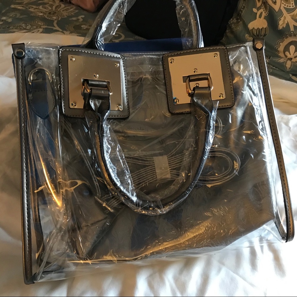 PEWTER AND TRANSPARENT 2-IN-1 SATCHEL TOTE HANDBAG - Picture 3 of 15
